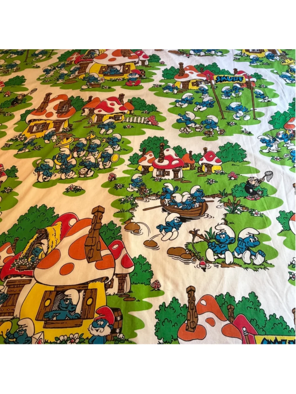 Vintage Smurfs Double Flat Bed Sheet Gargamel Smurfette Papa White Green Fabric